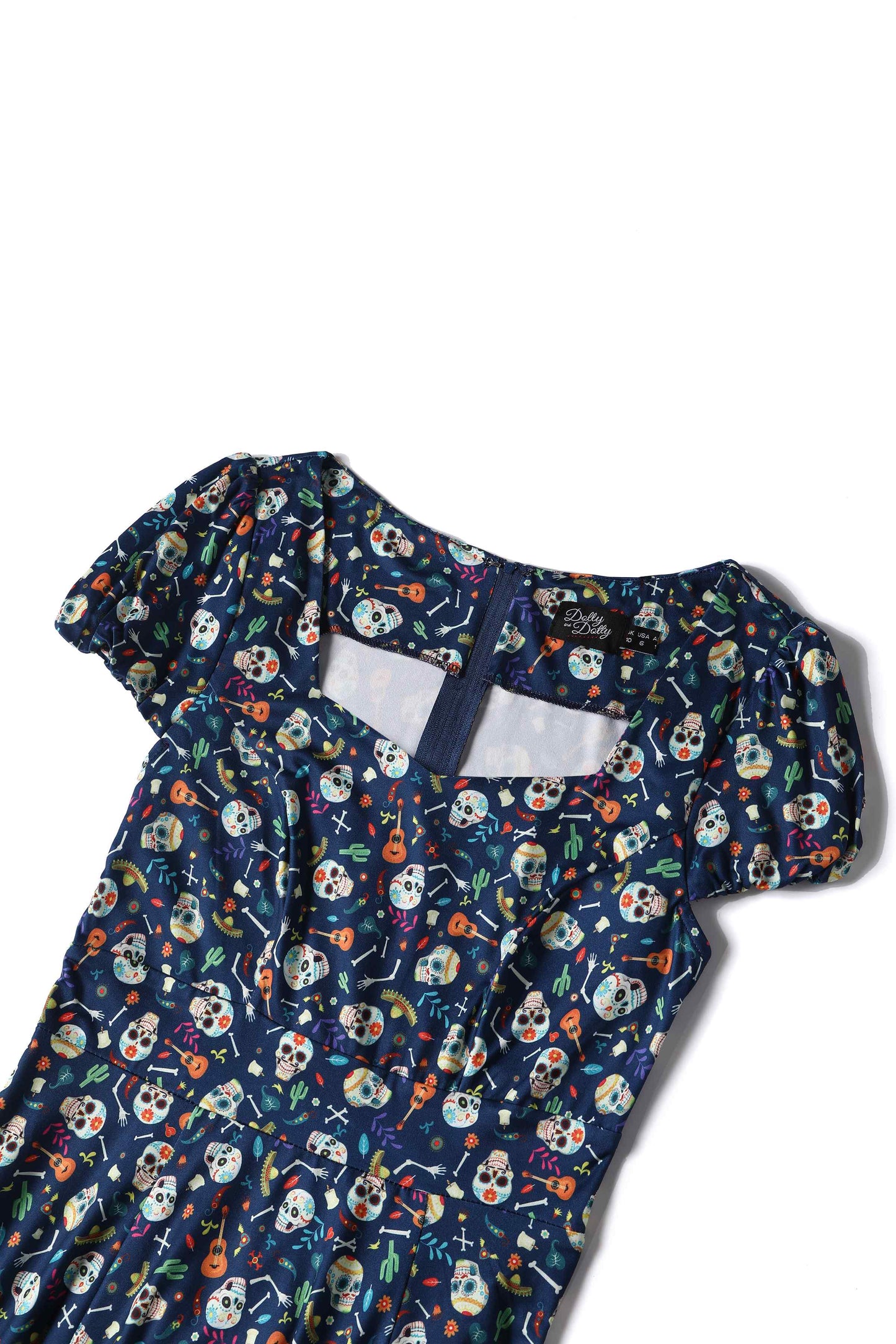 Claudia Navy Blue Dress with Day of the Dead Sugar Skulls