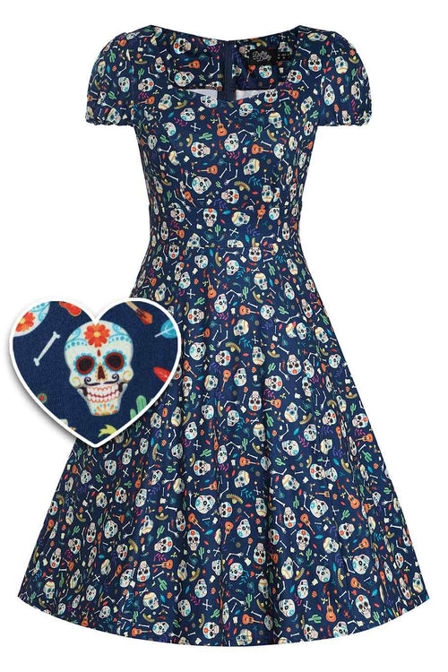 Claudia Navy Blue Dress with Day of the Dead Sugar Skulls