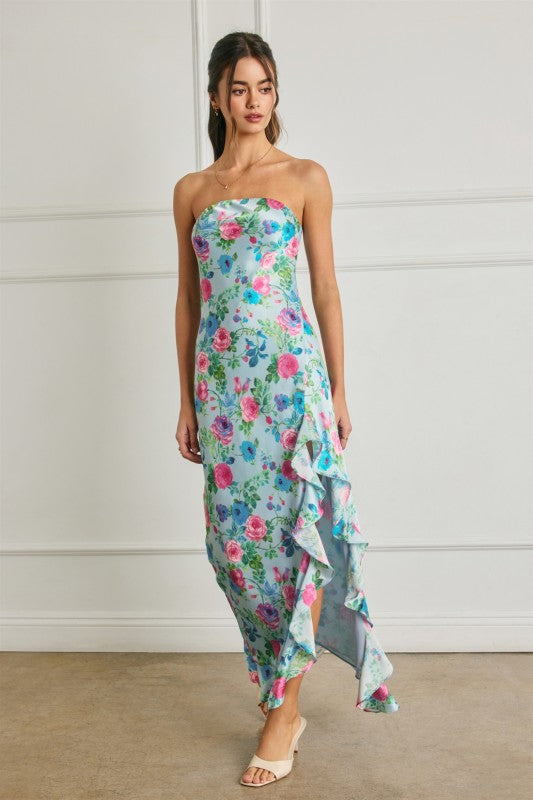 Waitlist 6/25 • Araceli Sleeveless Asymmetrical Floral Print Maxi Dress Blue