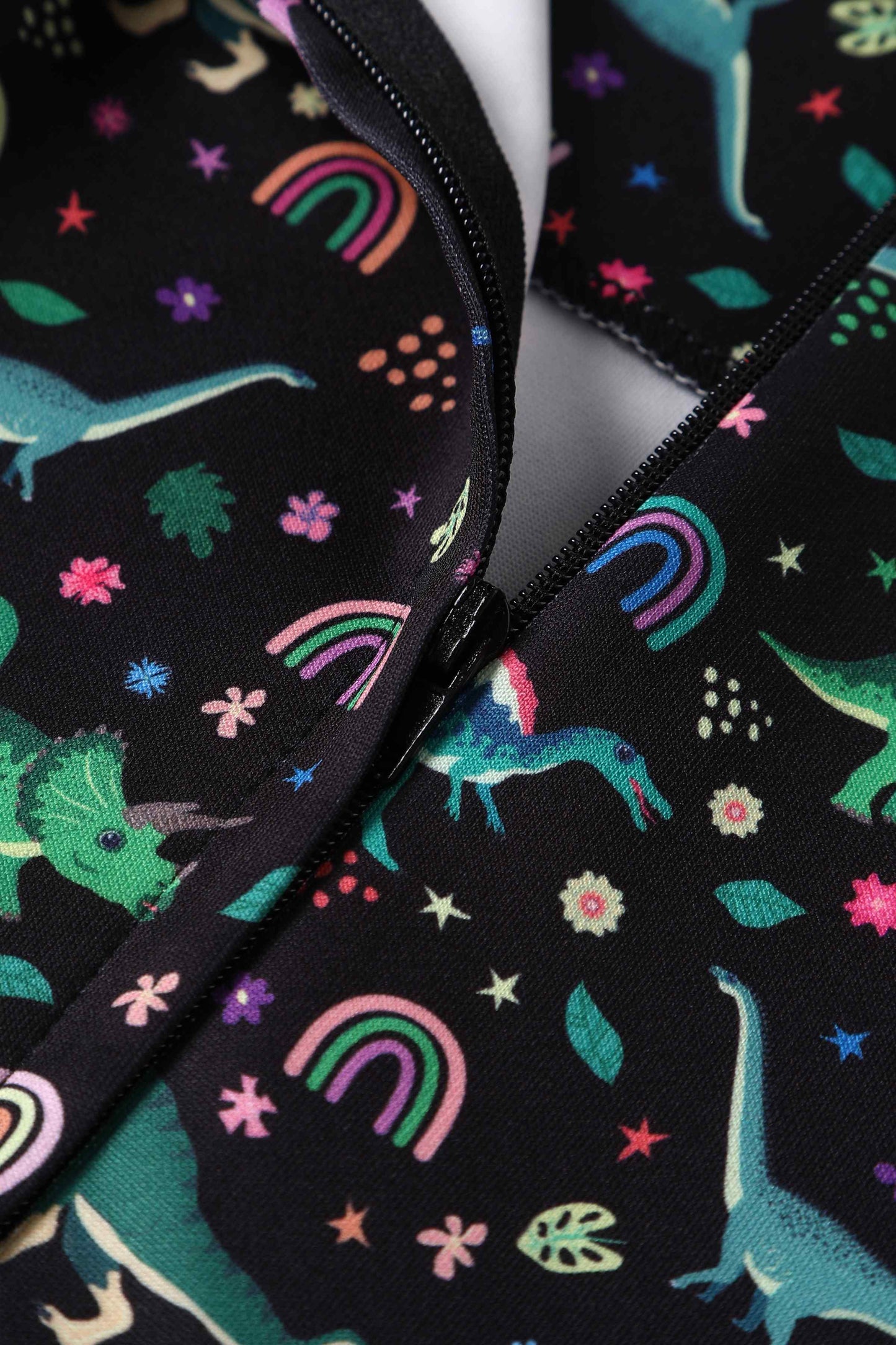 Amanda Black Flared Dress in Dinosaur & Rainbow Print