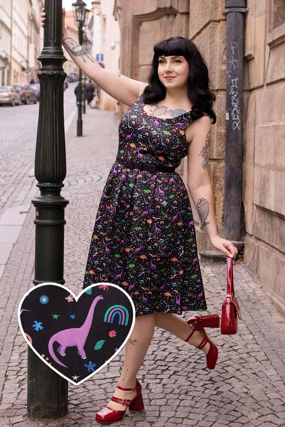 Amanda Black Flared Dress in Dinosaur & Rainbow Print