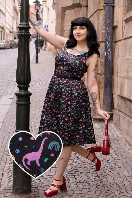 Amanda Black Flared Dress in Dinosaur & Rainbow Print