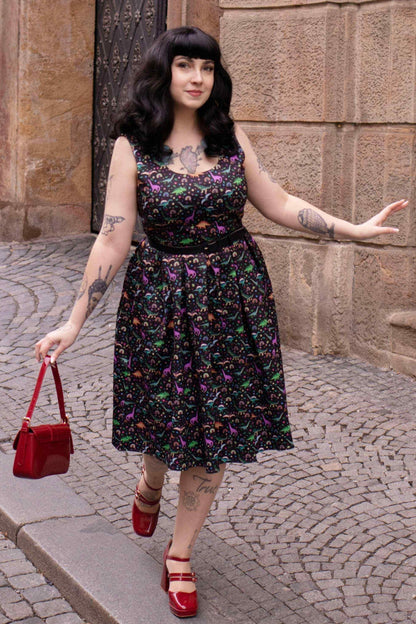 Amanda Black Flared Dress in Dinosaur & Rainbow Print