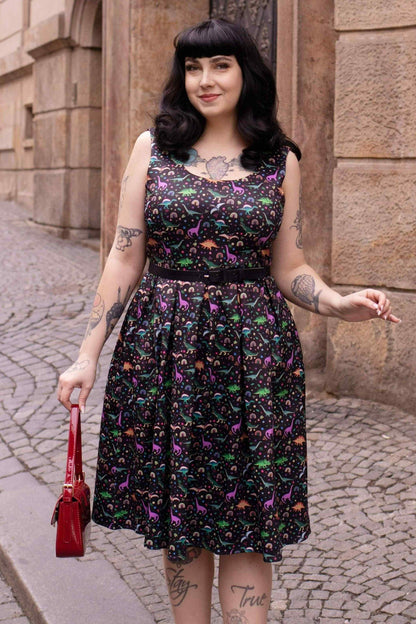 Amanda Black Flared Dress in Dinosaur & Rainbow Print