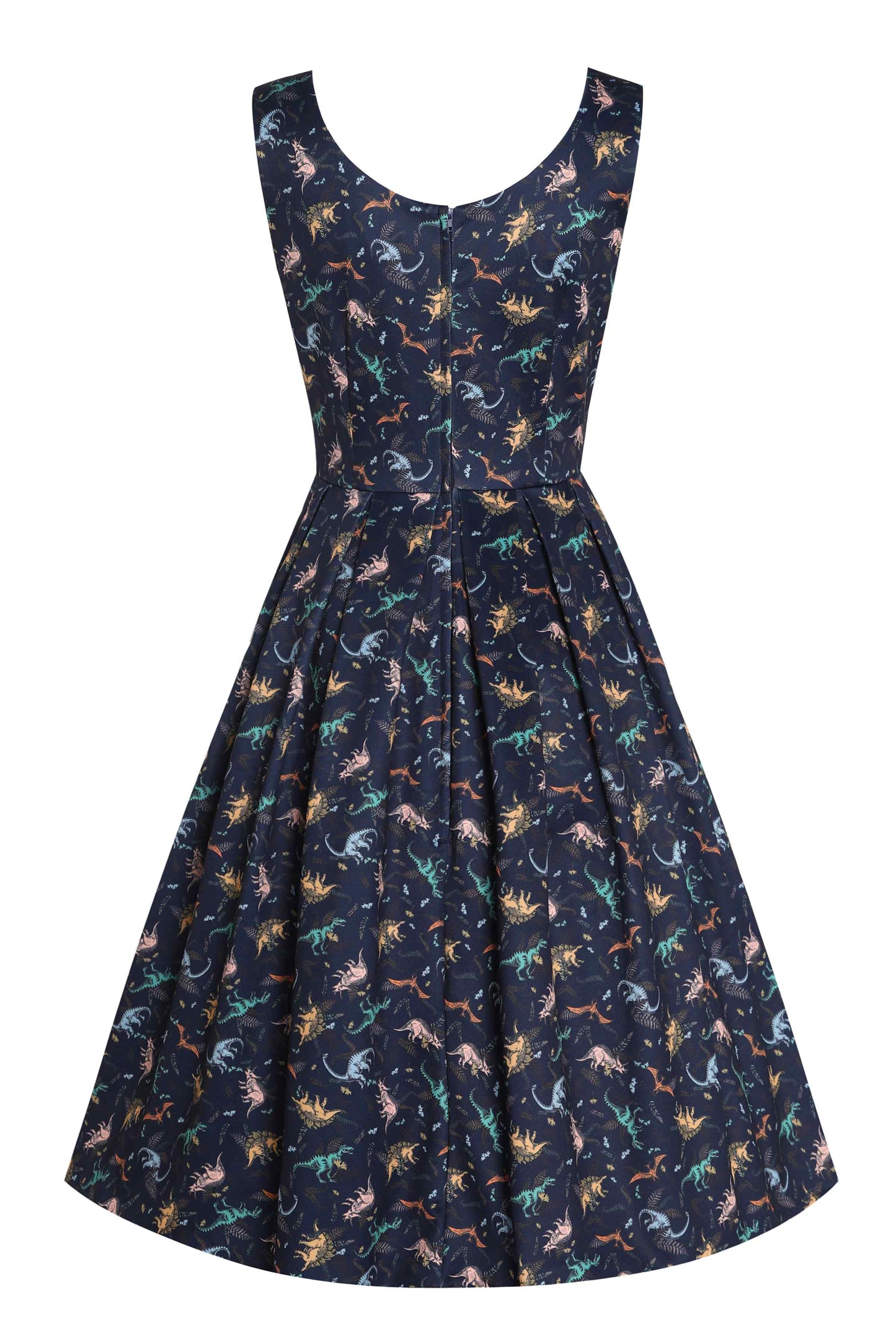 Amanda Multi-coloured Dinosaurs in Navy Blue Flared Dress