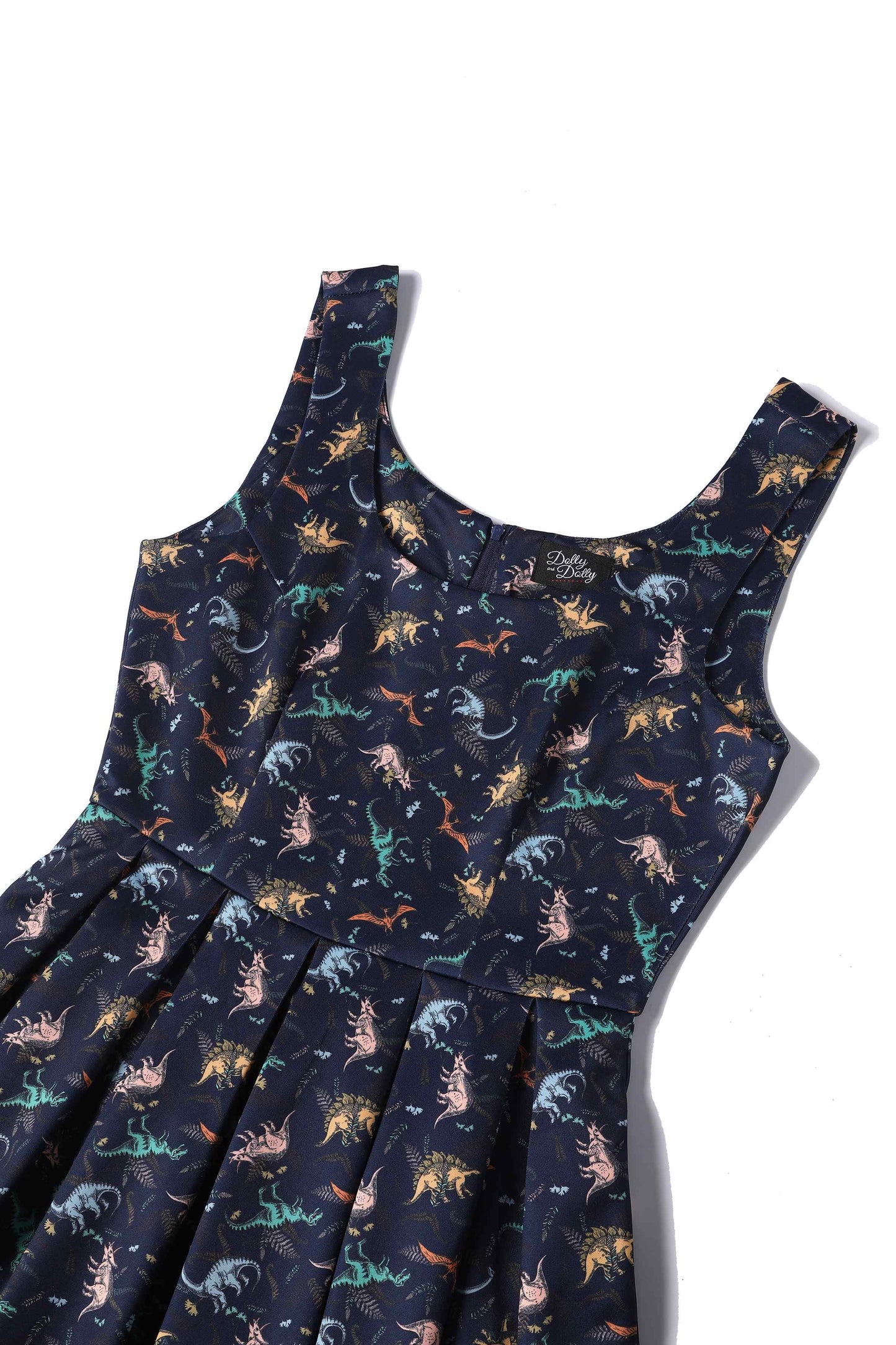 Amanda Multi-coloured Dinosaurs in Navy Blue Flared Dress