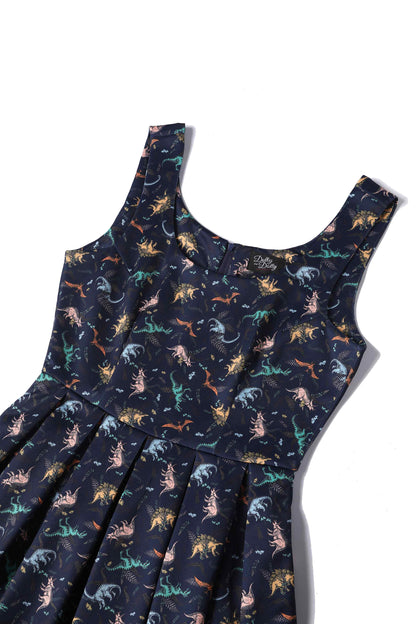 Amanda Multi-coloured Dinosaurs in Navy Blue Flared Dress