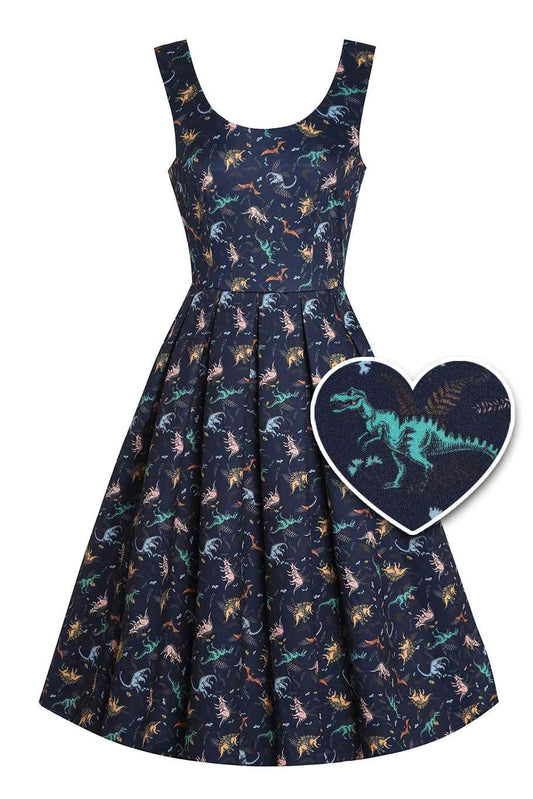 Amanda Multi-coloured Dinosaurs in Navy Blue Flared Dress