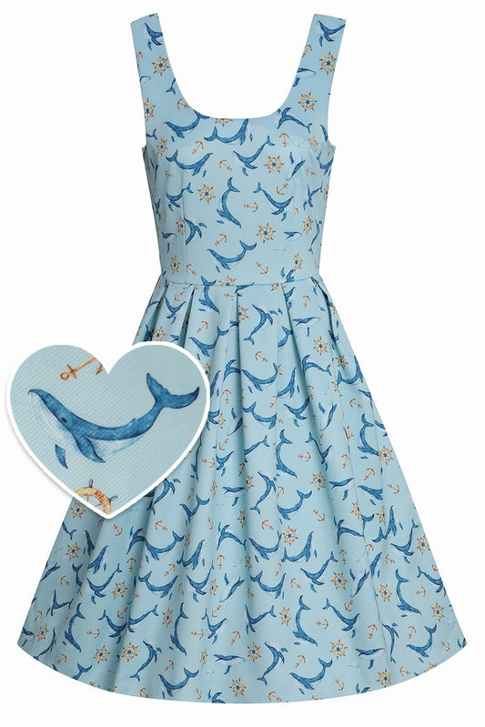 Amanda Blue Whale Swing Dress In Aqua Blue