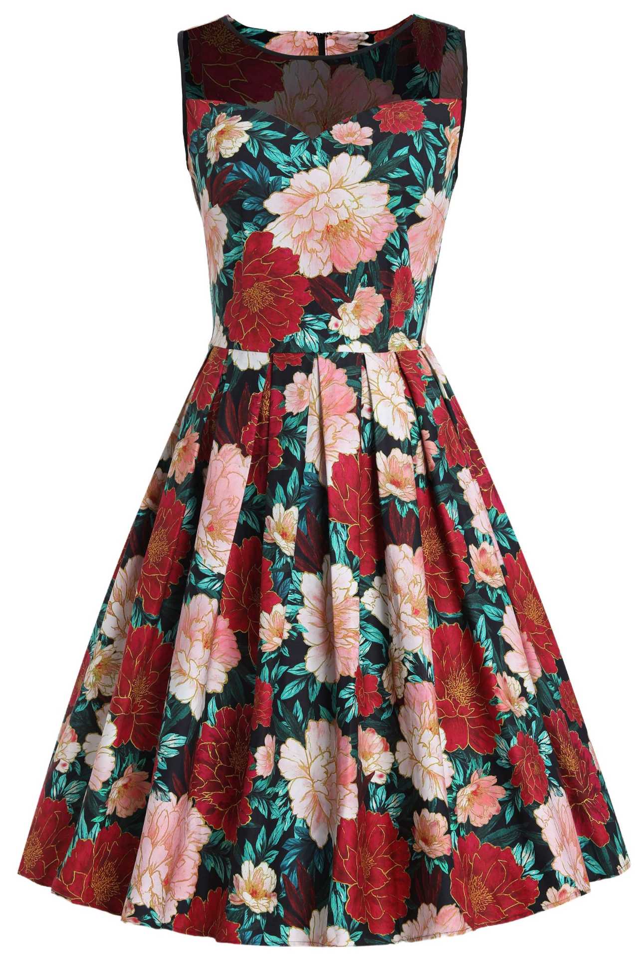 Elizabeth Vintage Style Floral Party Dress in Black/Pink