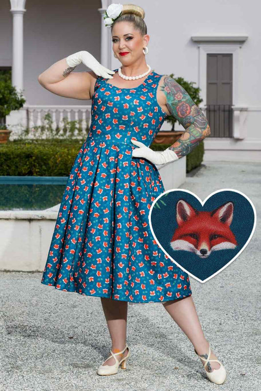 Amanda Pleated Retro Dress in Dark Blue Fox Print