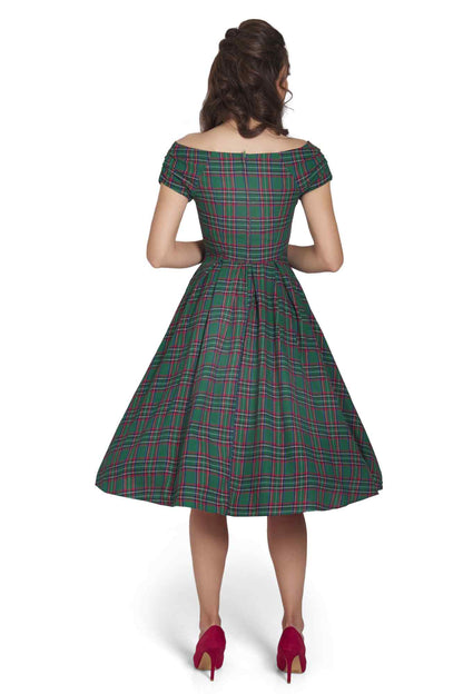 Lily Green Tartan Off Shoulder Swing Dress