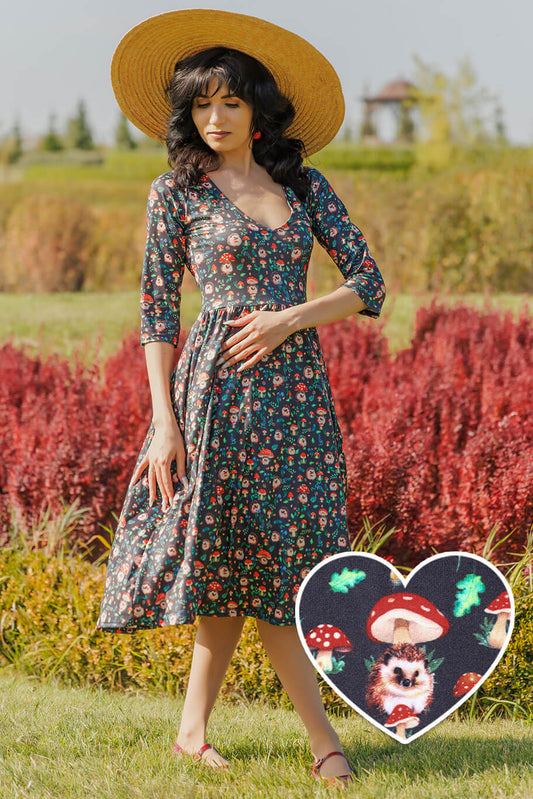 Billie Black Hedgehog & Mushroom Print Dress