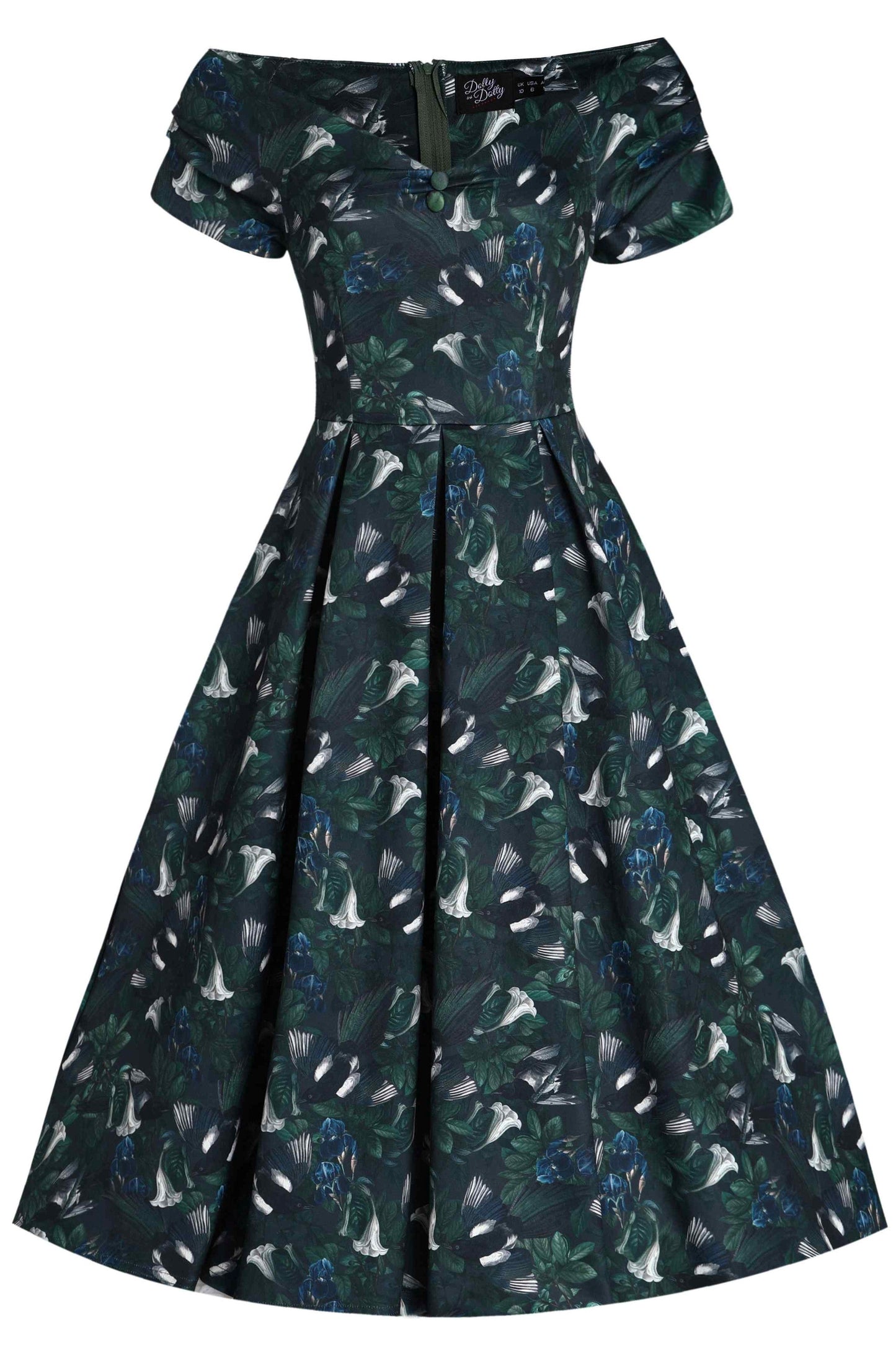 Lily Dark Green Off Shoulder Dress In Magpie Print