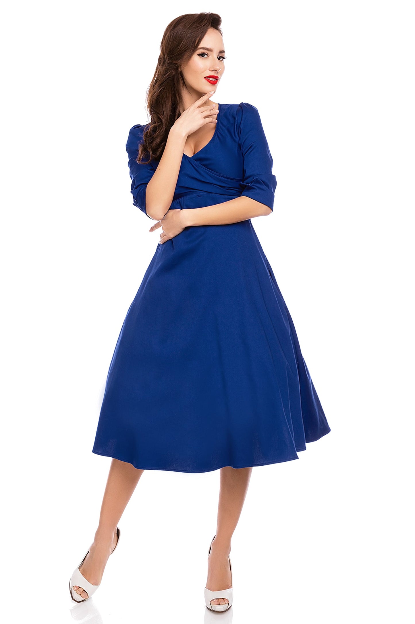 Katherine Long Sleeve 50s Style Swing Dress in Dark Blue