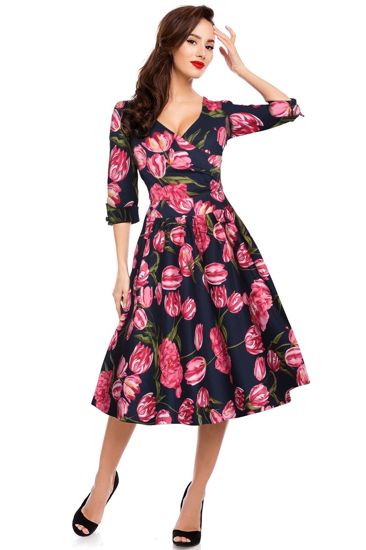 Katherine Long Sleeve 50s Swing Dress in Blue-Pink Tulips