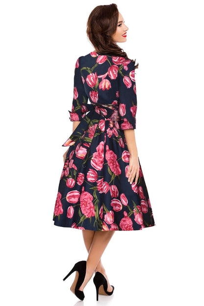 Katherine Long Sleeve 50s Swing Dress in Blue-Pink Tulips
