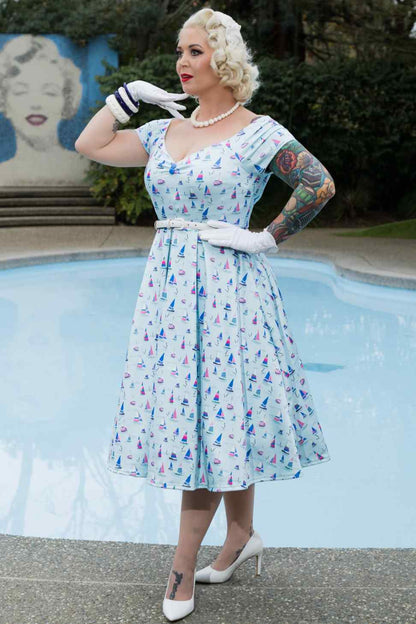 Lily Nautical Sailboat Blue Off Shoulder Dress