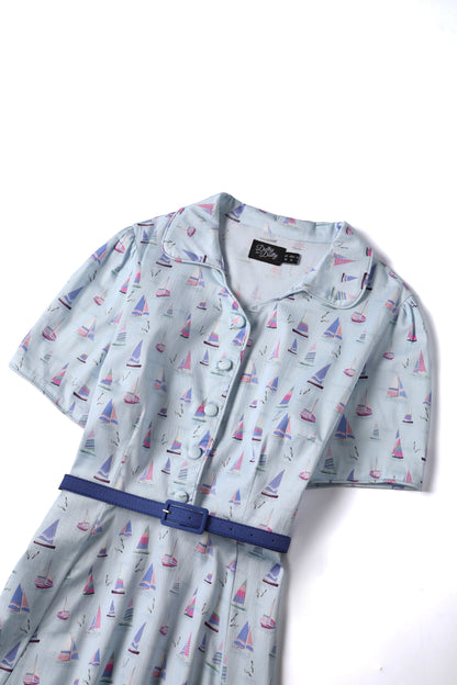 Penelope Nautical Sailboat Shirt Dress in Light Blue