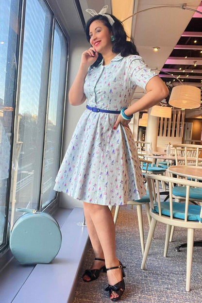 Penelope Nautical Sailboat Shirt Dress in Light Blue