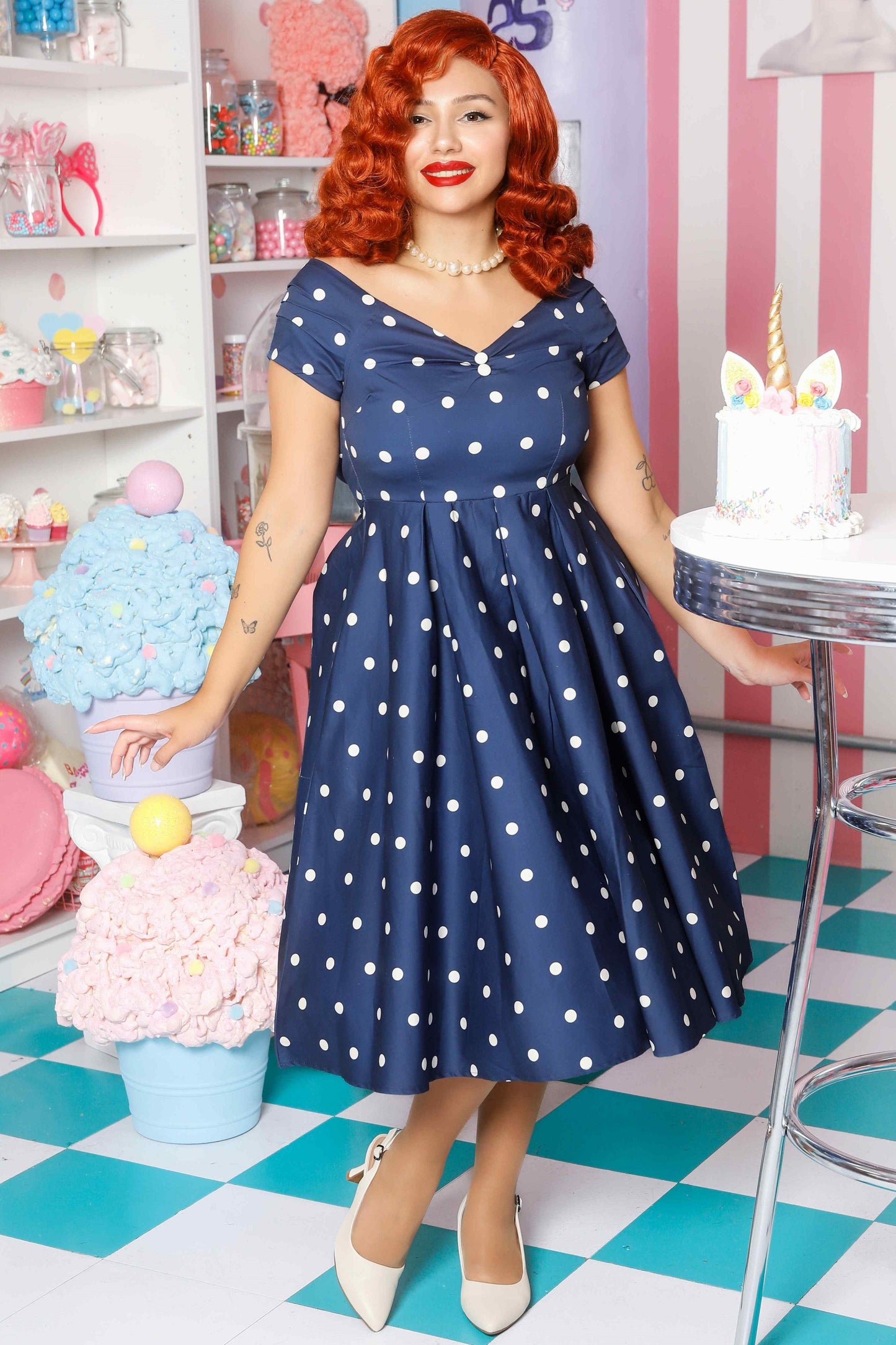 Lily Navy Blue Polka Dot Off Shoulder Circle Dress