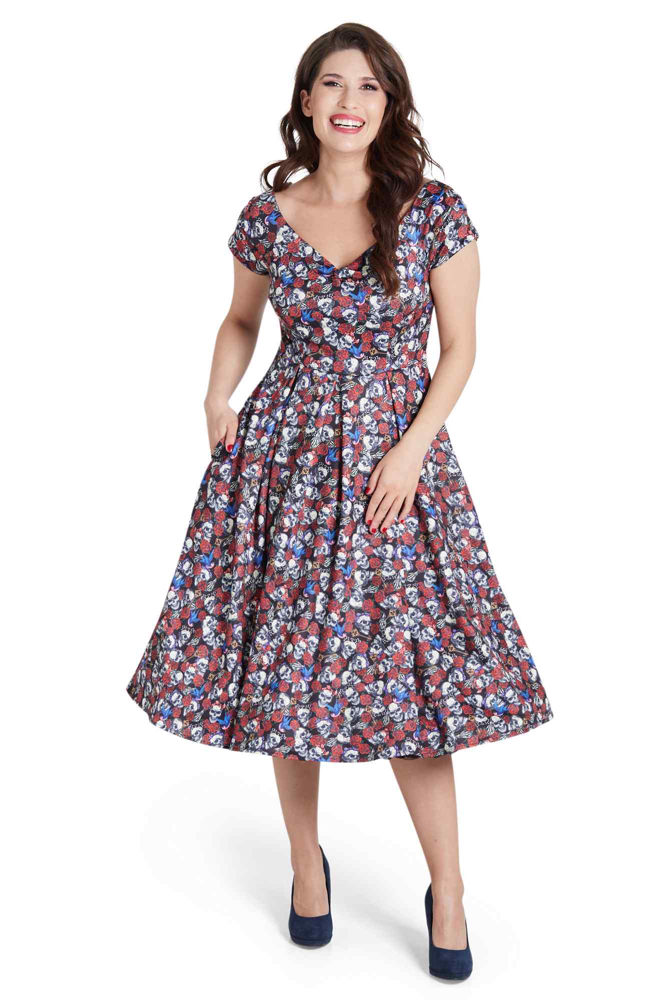 Lily Off Shoulder 50s Rockabilly Skull Dress