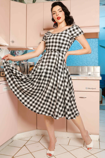 Lily Off Shoulder Black Gingham Check Circle Dress
