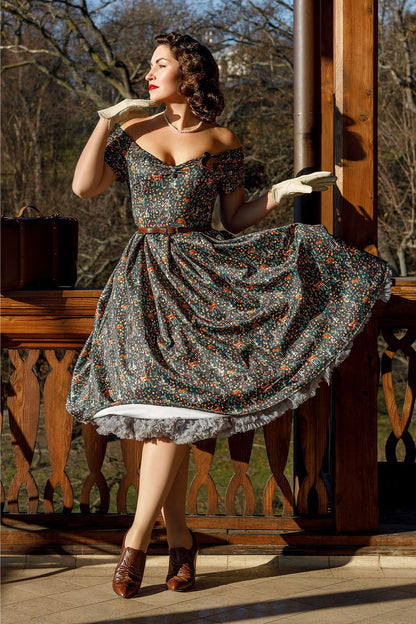 Lily Owl & Deer Off Shoulder Dress In Dark Green