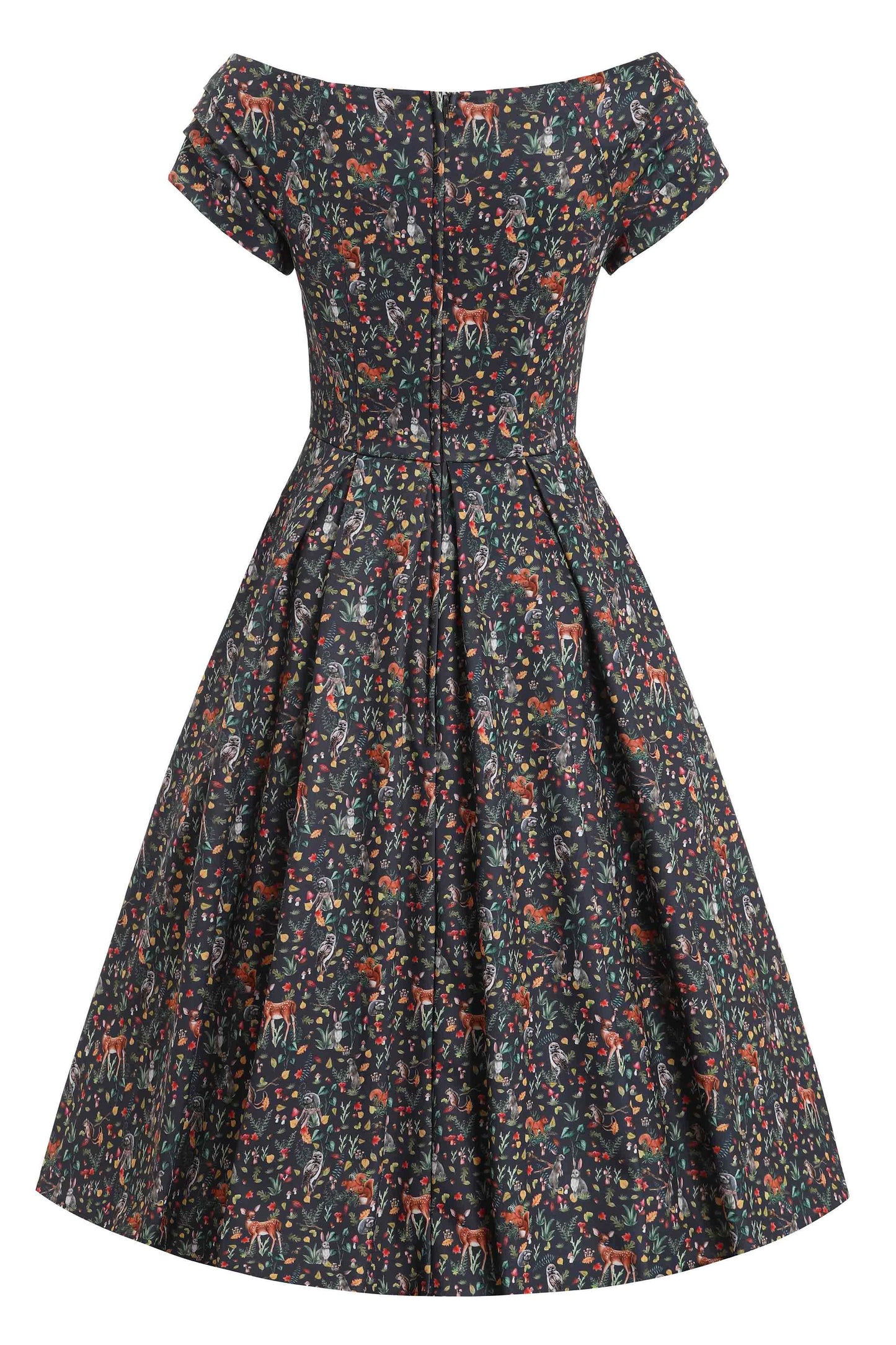 Lily Owl & Deer Off Shoulder Dress In Dark Green
