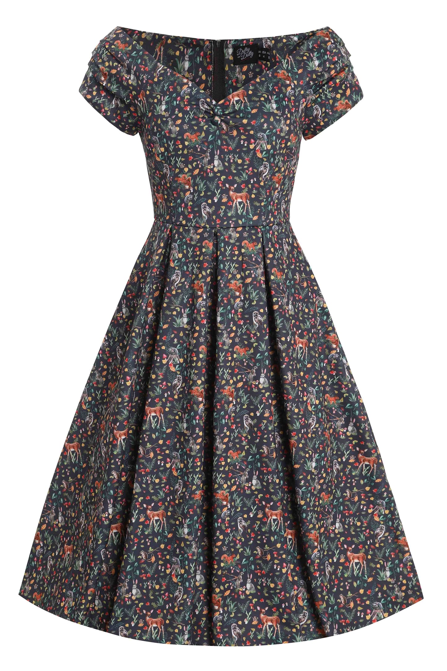 Lily Owl & Deer Off Shoulder Dress In Dark Green
