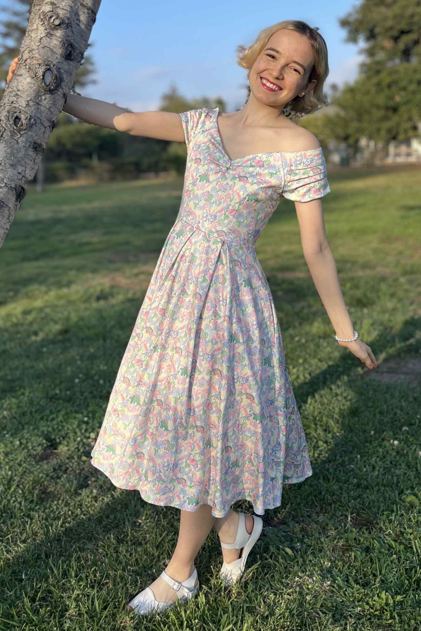 Lily Pastel Dinosaur Off Shoulder Dress