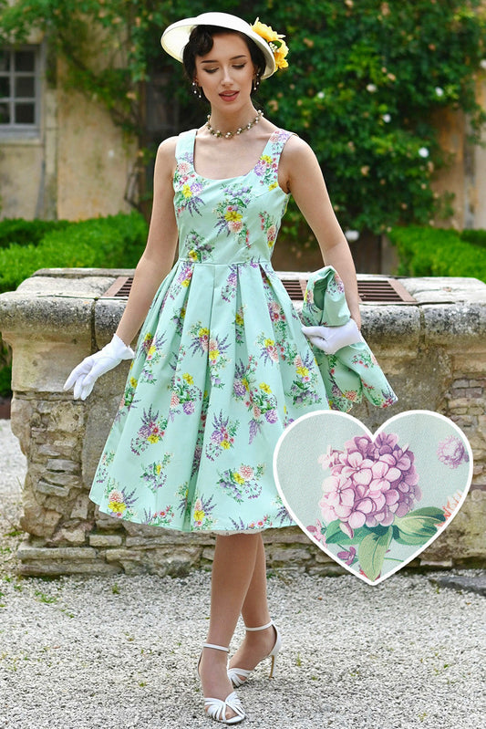 Amanda Pastel Floral Swing Dress In Light Green