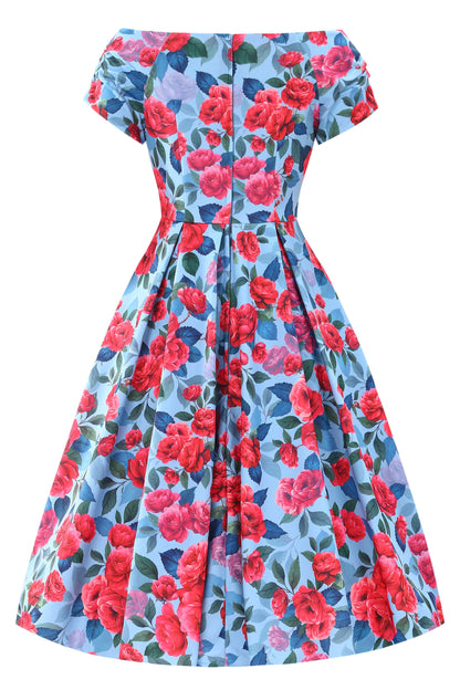 Lily Pink Peony Off Shoulder Dress In Blue