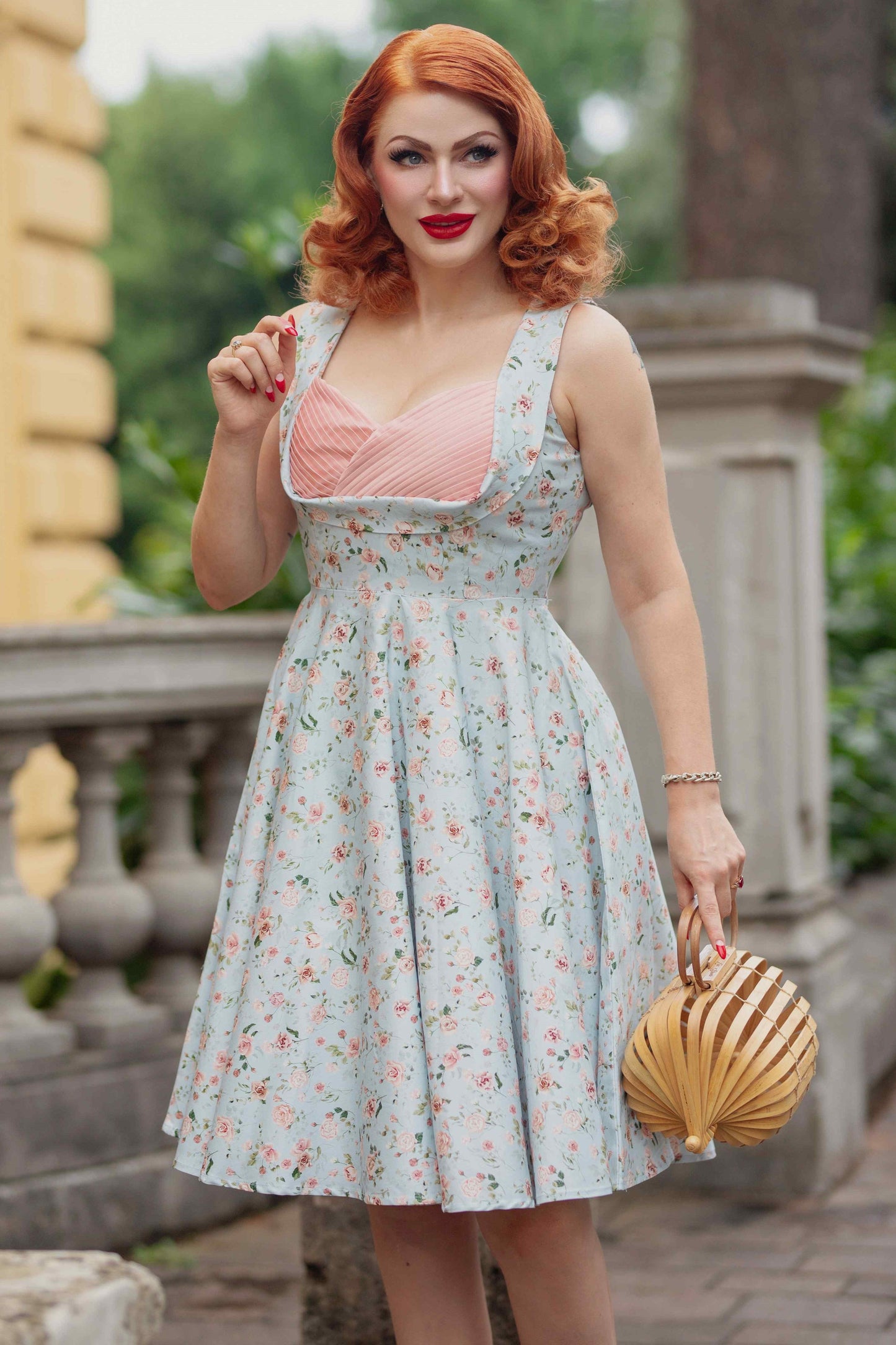 Grace Pleated Bust Dress in Baby Blue/Pink Floral Print