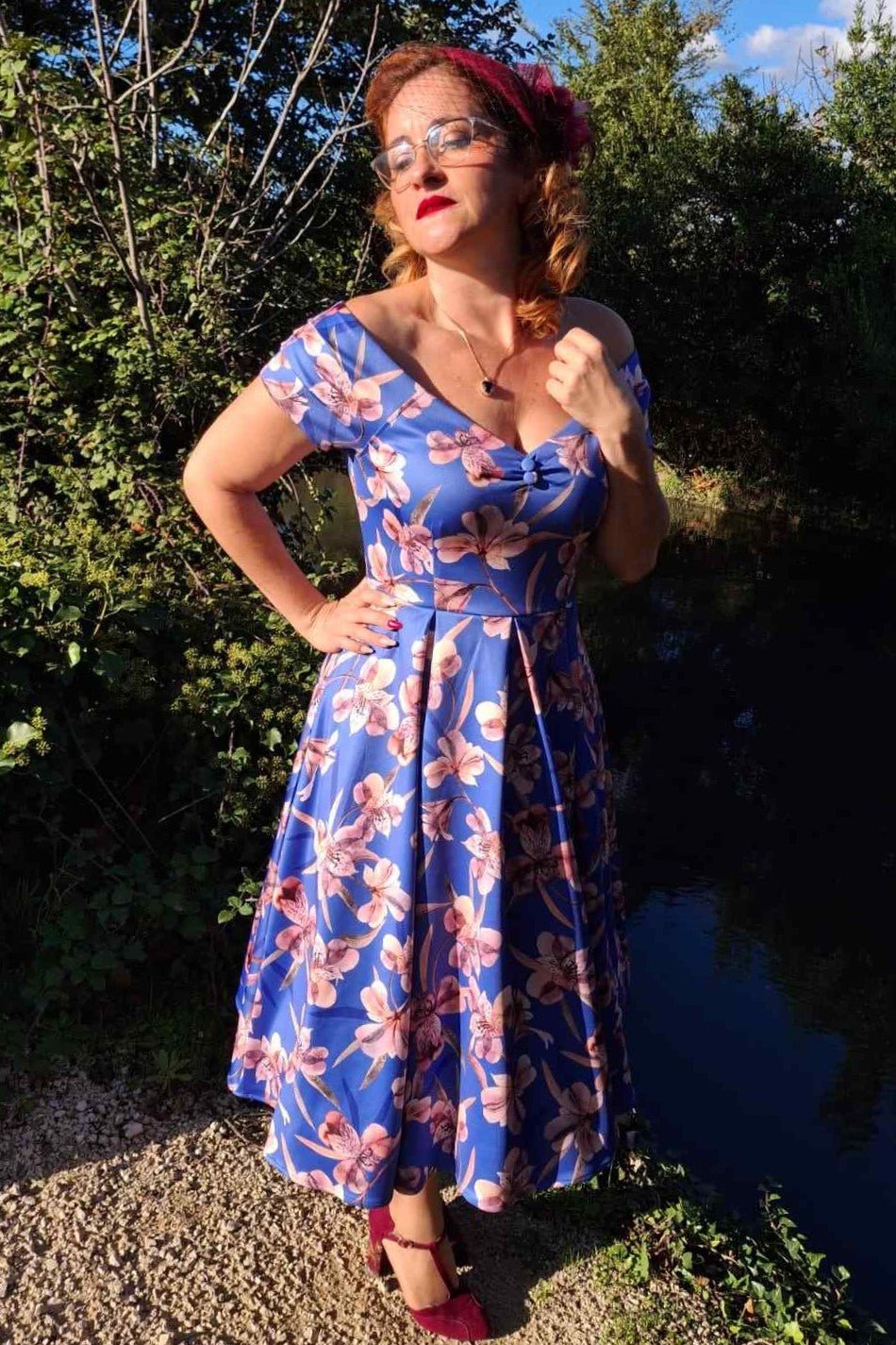 Lily Purple Alstroemeria Off Shoulder Dress