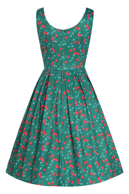 Amanda Cotton Red Cherry Flared Dress In Green