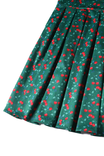 Amanda Cotton Red Cherry Flared Dress In Green