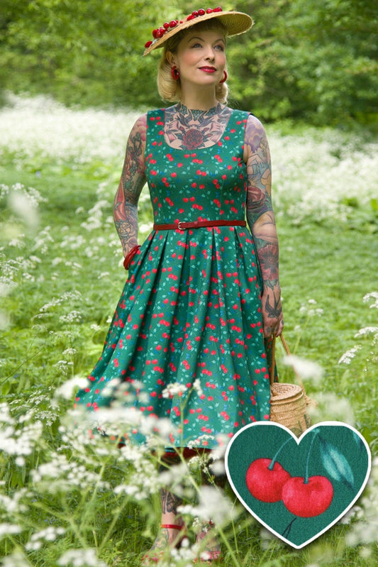 Amanda Cotton Red Cherry Flared Dress In Green