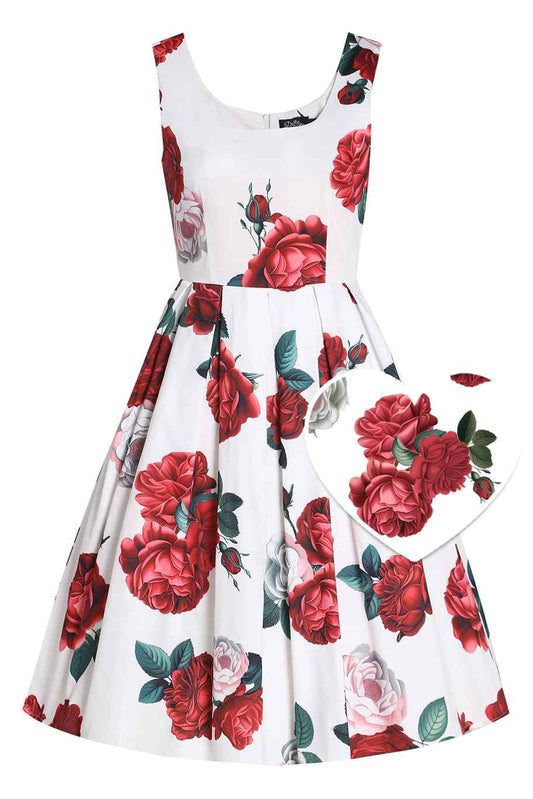 Amanda Red Peony Swing Dress In White