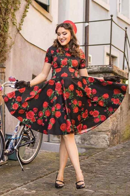 Darlene Red Rose Dress In Black