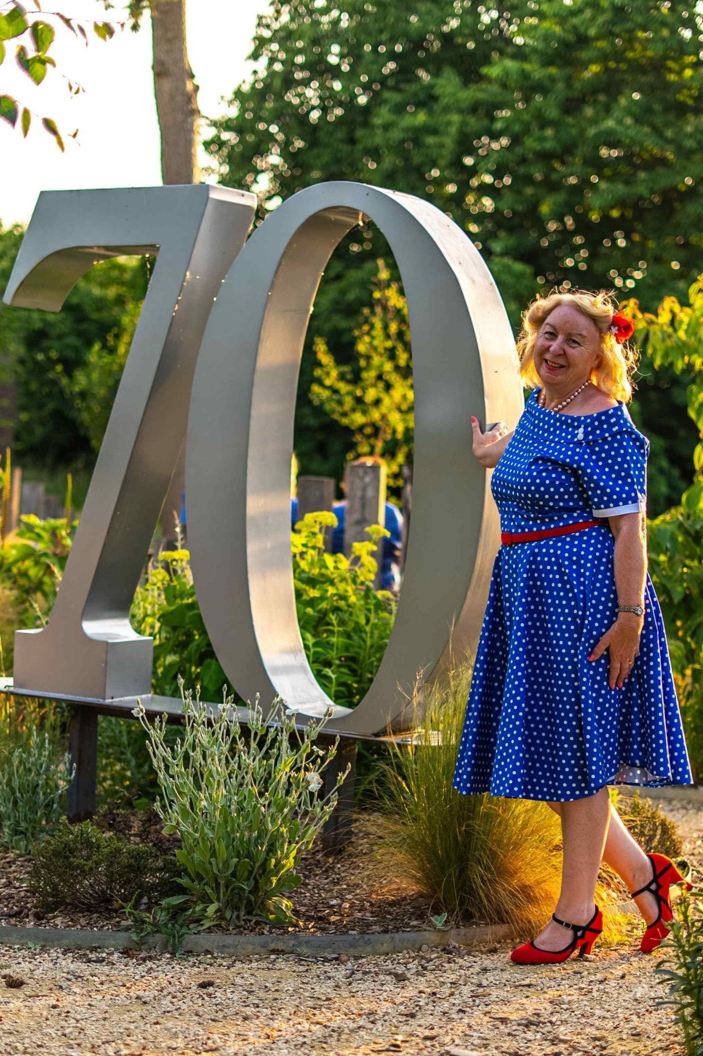 Darlene Retro Polka Dot Swing Dress in Dark Blue