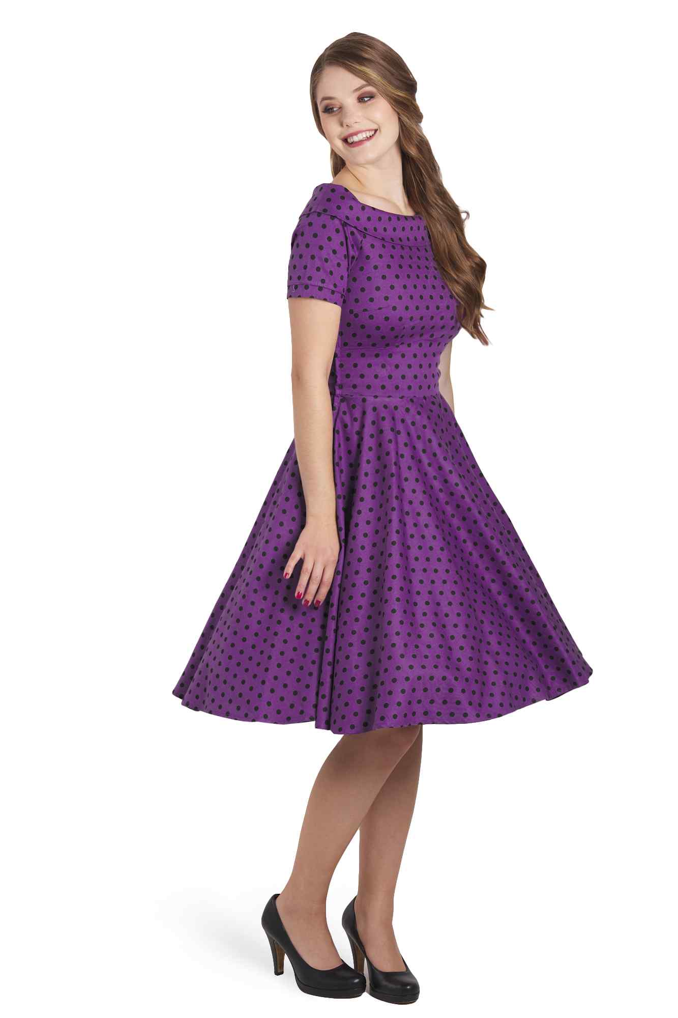 Darlene Retro Polka Dot Swing Dress in Purple