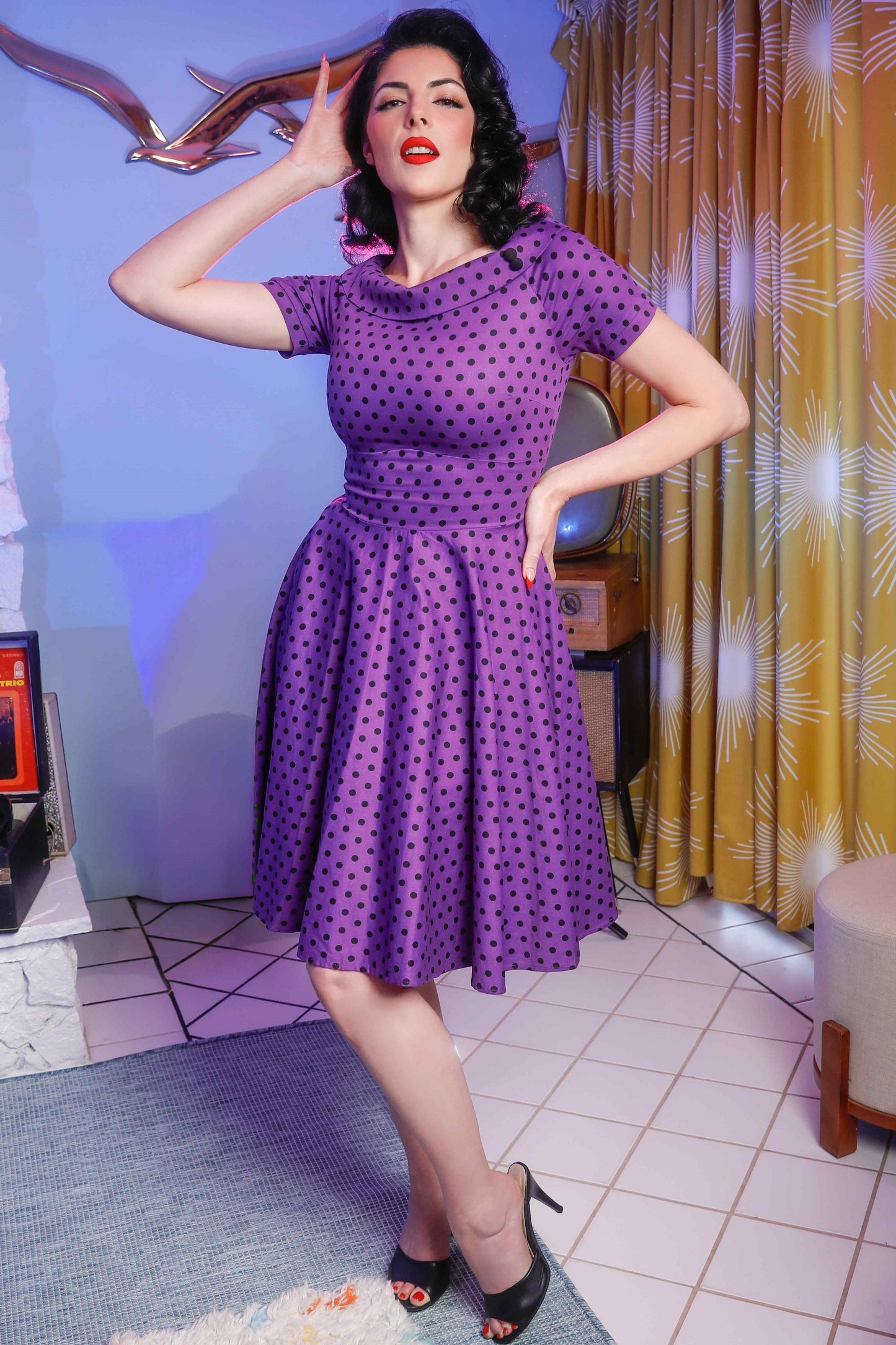 Darlene Retro Polka Dot Swing Dress in Purple