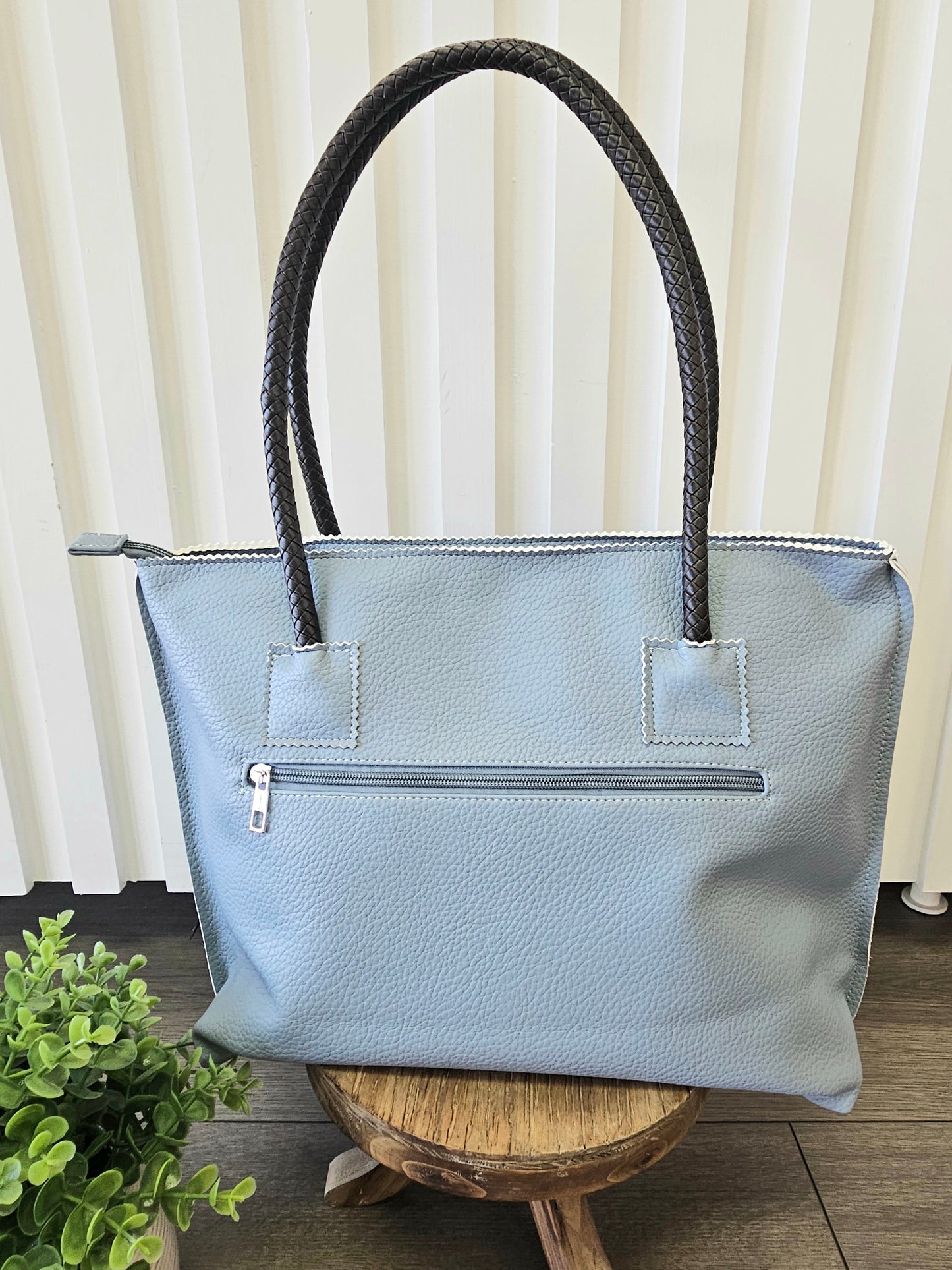 Leather Flower Temple Tote - Blue