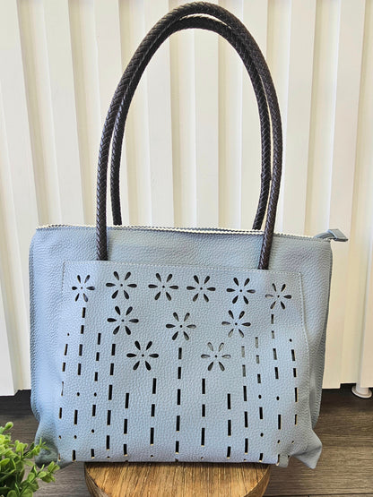 Leather Flower Temple Tote - Blue