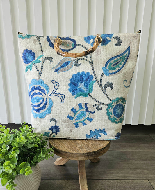 Blue Print Bag with Wood Handles