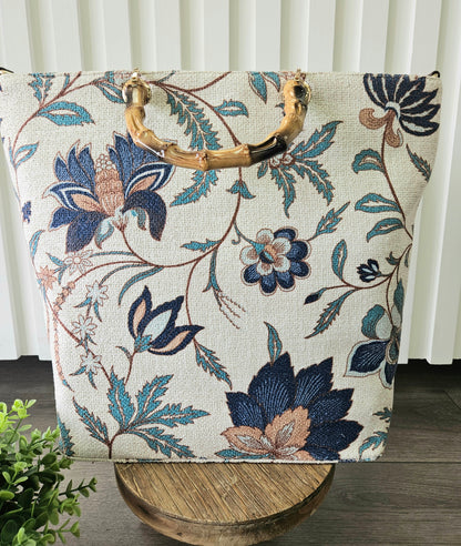 Navy Print Bag with Wood Handles