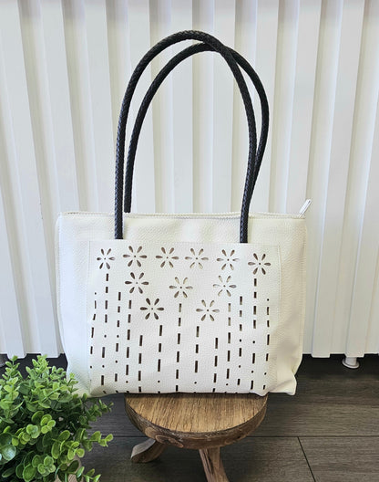 Leather Flower Temple Bag - White