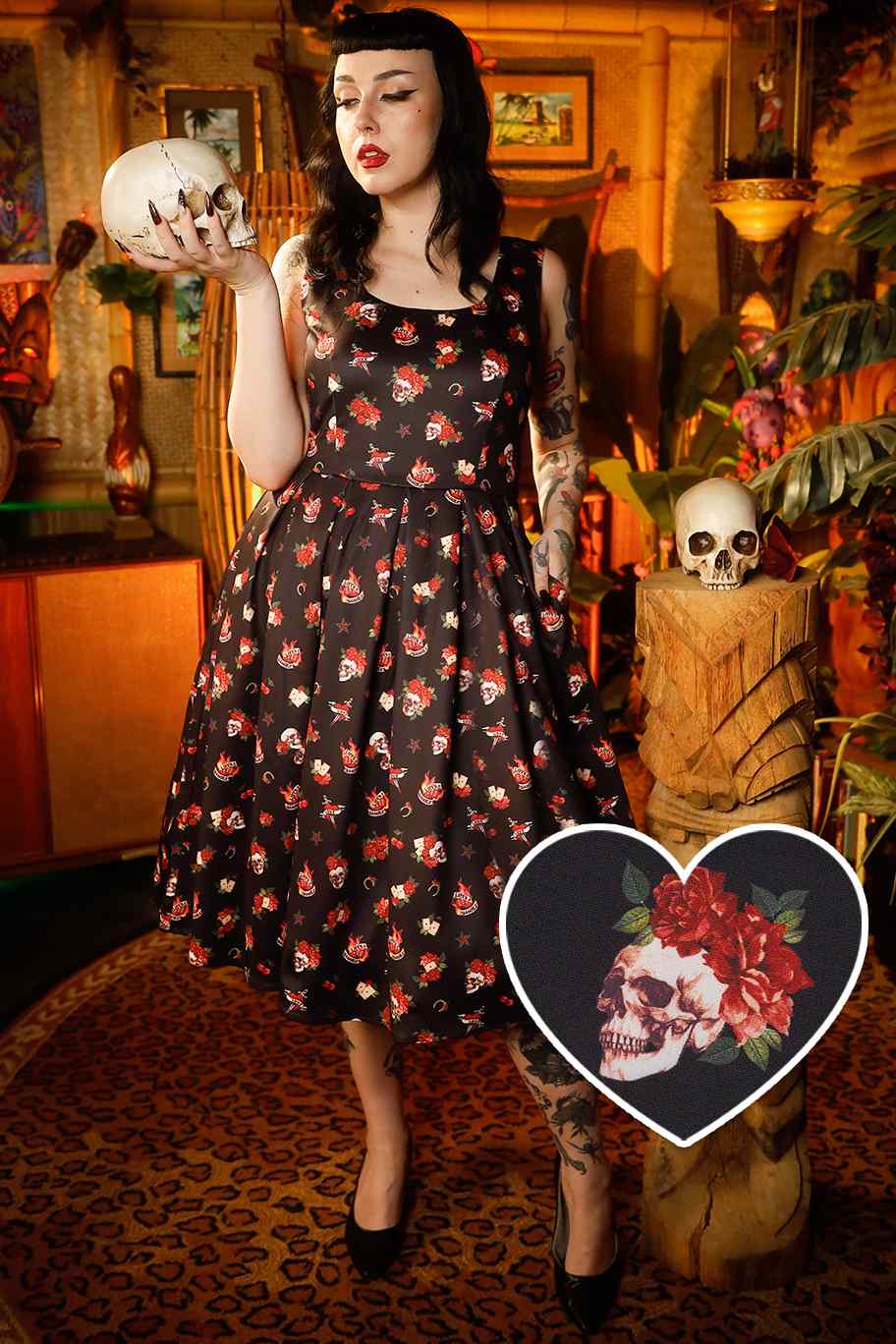 Amanda Rockabilly Skull & Rose Swing Dress