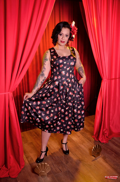 Amanda Rockabilly Skull & Rose Swing Dress